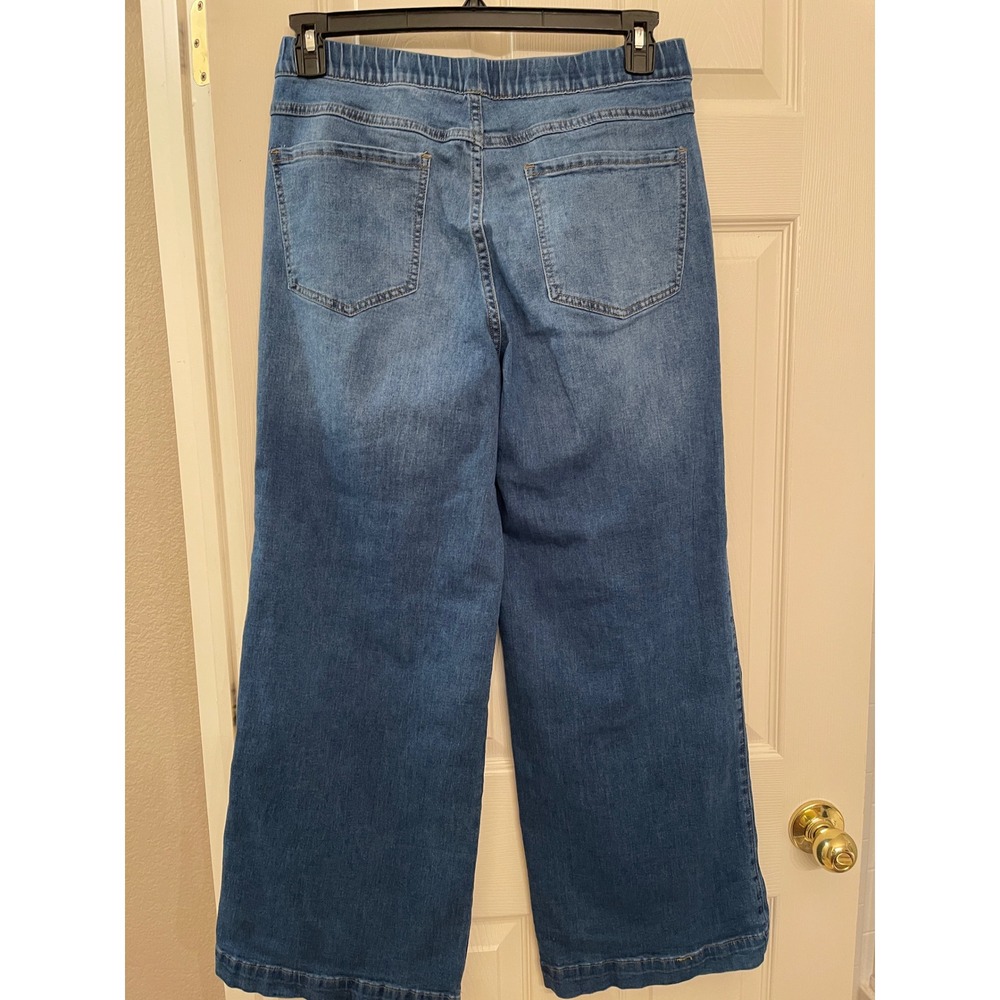 Women Blue‎ Wide Leg Pull On Denim Jeans Elastic Waist Front Seam Detail Medium - Picture 11 of 16